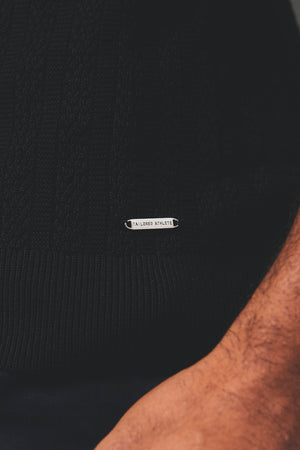 Vertical Stripe Knitted Open Collar Polo Shirt in Black