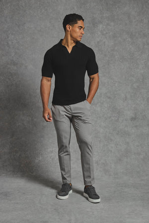 Vertical Stripe Knitted Open Collar Polo Shirt in Black