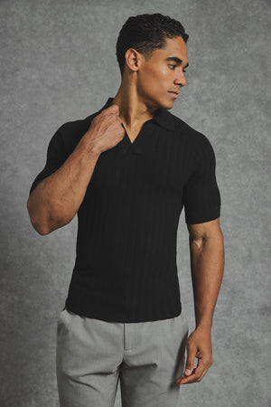 Vertical Stripe Knitted Open Collar Polo Shirt in Black