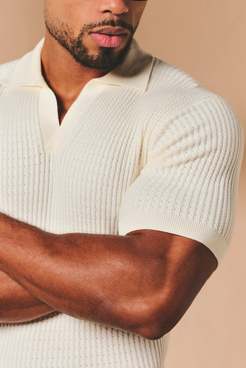 Fine Cable Knitted Open Collar Polo Shirt in Ecru