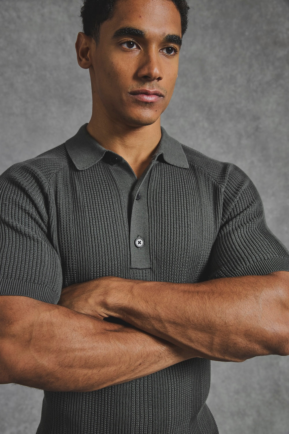 Vertical Stripe Knitted Polo Shirt in Khaki