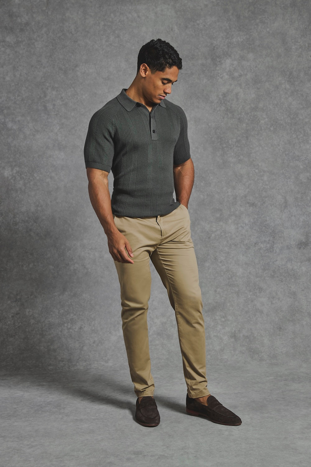 Vertical Stripe Knitted Polo Shirt in Khaki