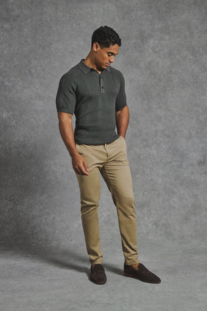 Vertical Stripe Knitted Polo Shirt in Khaki