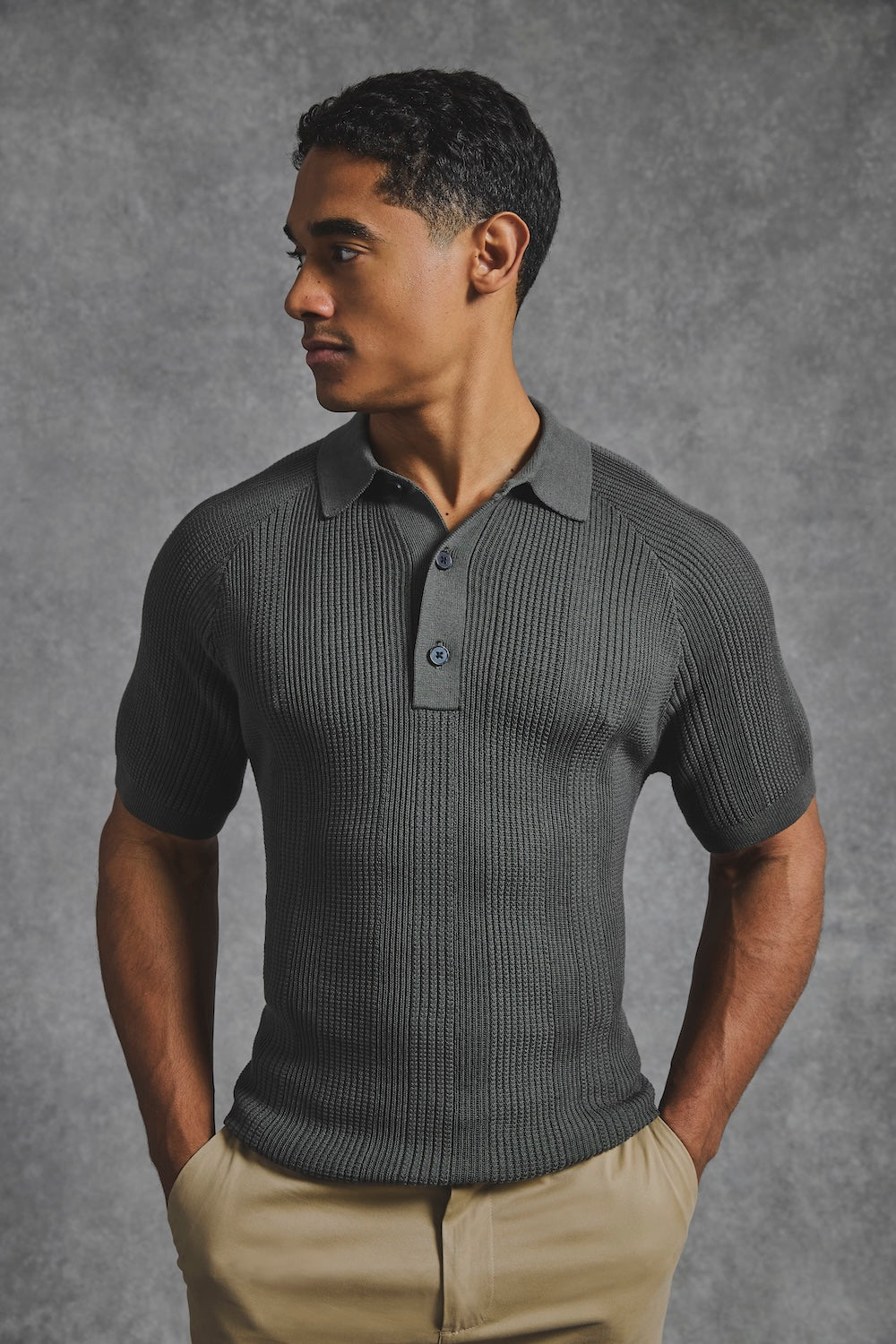 Vertical Stripe Knitted Polo Shirt in Khaki
