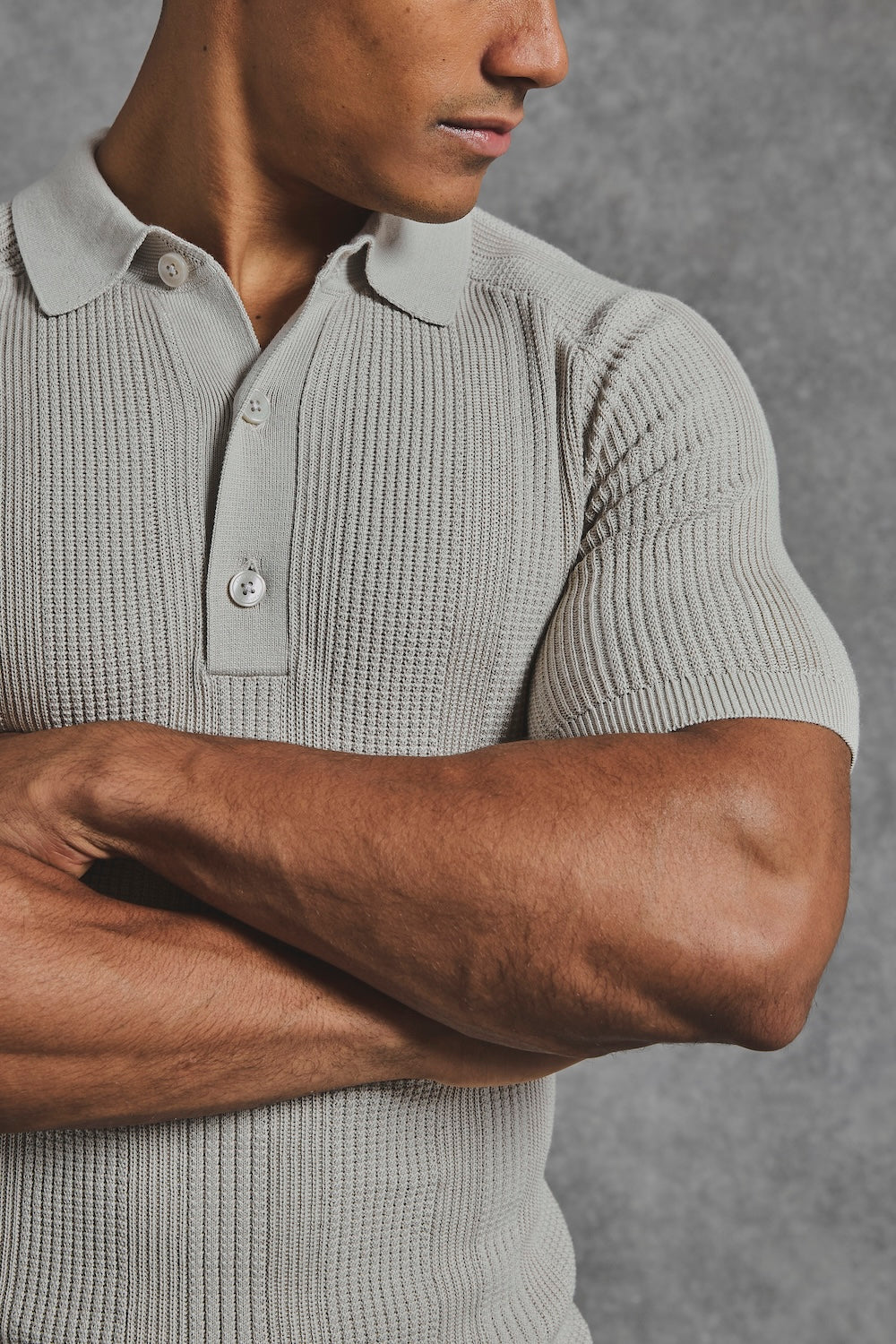 Vertical Stripe Knitted Polo Shirt in Stone