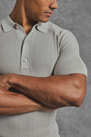 Vertical Stripe Knitted Polo Shirt in Stone