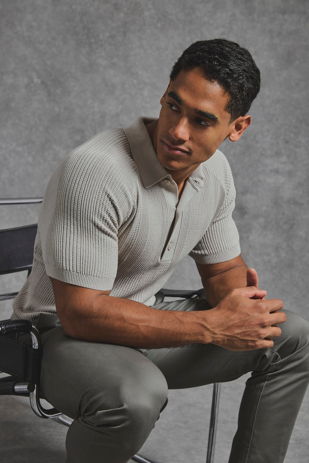 Vertical Stripe Knitted Polo Shirt in Stone