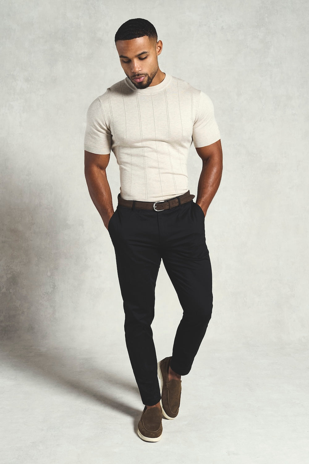 Vertical Stripe Knitted T-Shirt in Stone