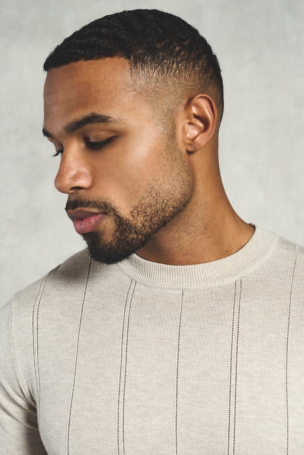 Vertical Stripe Knitted T-Shirt in Stone