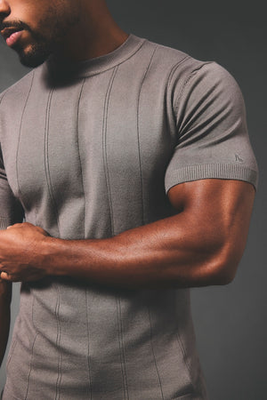 Vertical Stripe Knitted T-Shirt in Taupe