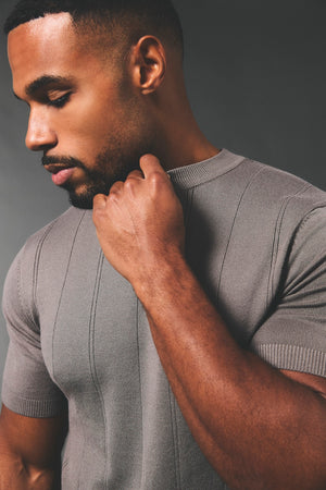 Vertical Stripe Knitted T-Shirt in Taupe