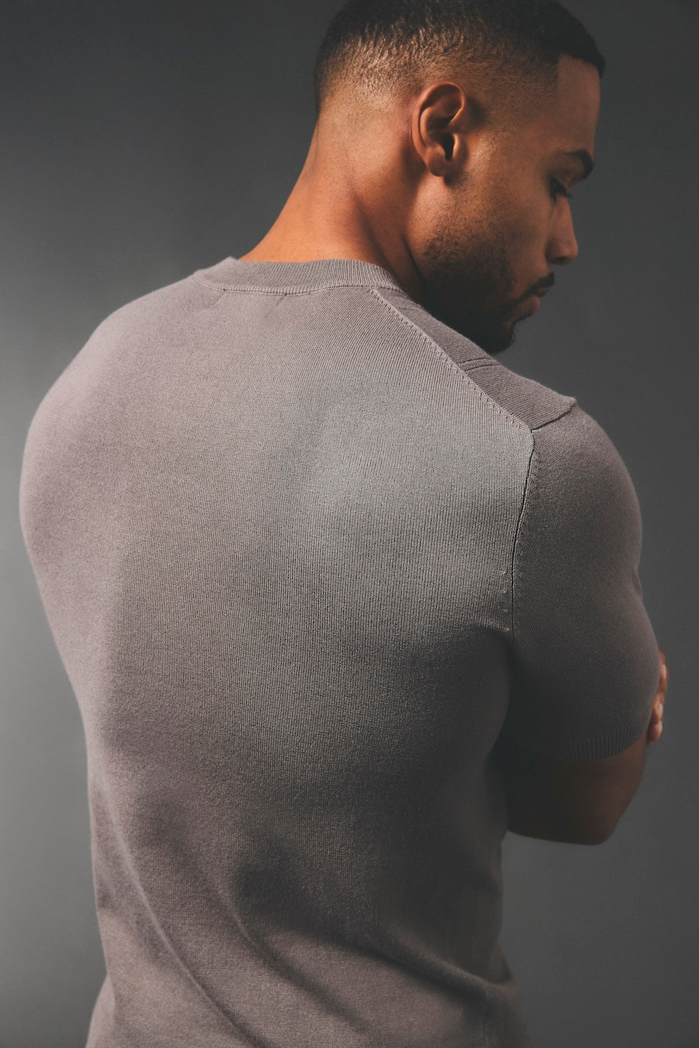 Vertical Stripe Knitted T-Shirt in Taupe