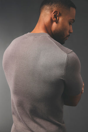 Vertical Stripe Knitted T-Shirt in Taupe