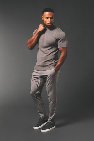 Vertical Stripe Knitted T-Shirt in Taupe