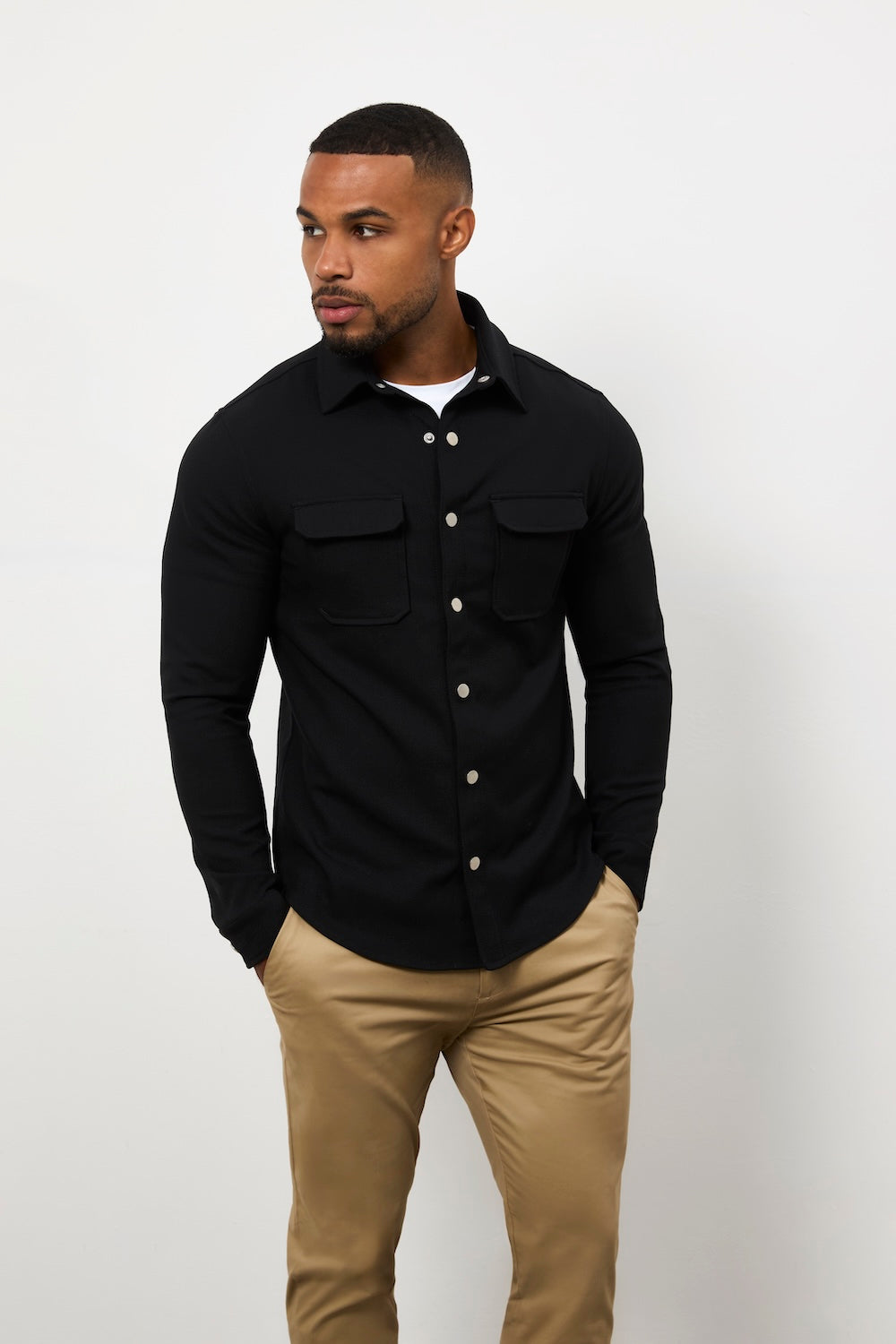Woven Popper Overshirt in Black