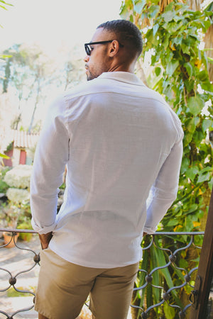 Stretch Linen Blend Cuban Collar Shirt in White