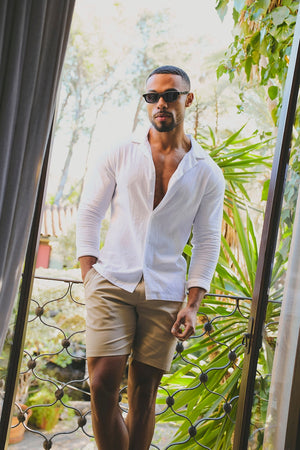 Stretch Linen Blend Cuban Collar Shirt in White