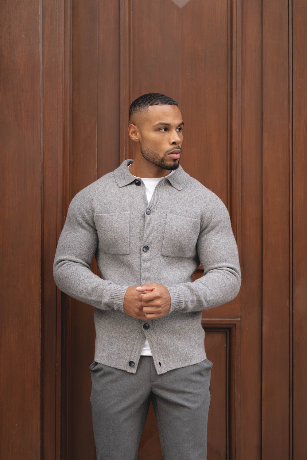 Wool Button Through Cardigan in Mid Grey Marl