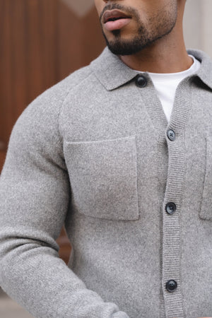 Wool Button Through Cardigan in Mid Grey Marl