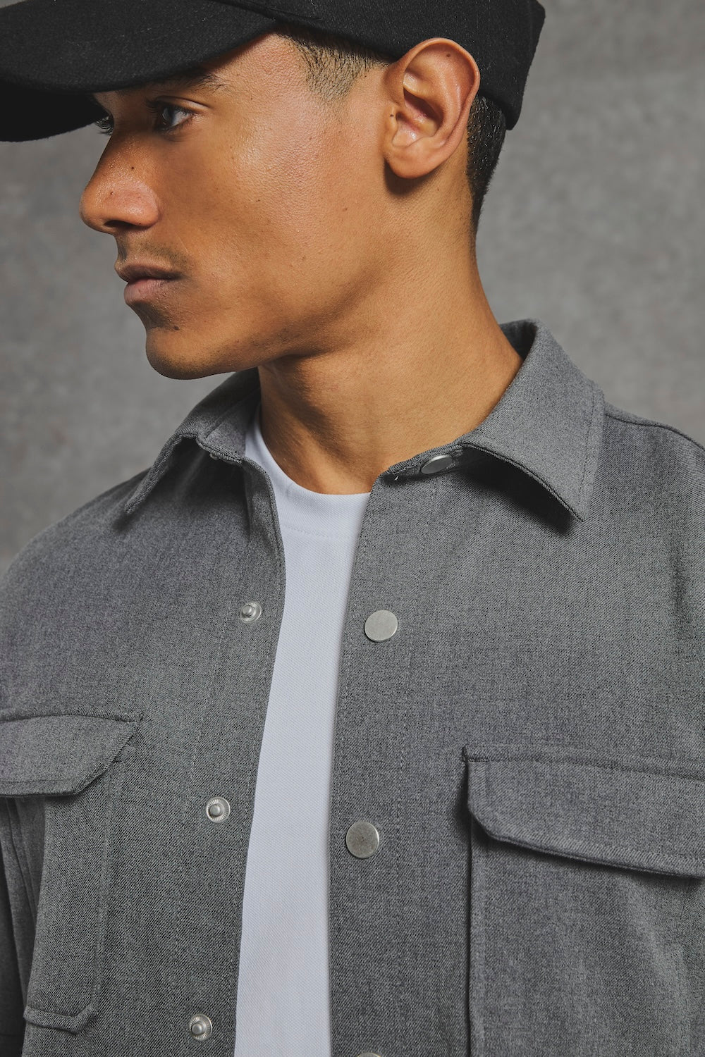 Woven Popper Overshirt in Grey Marl