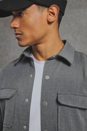 Woven Popper Overshirt in Grey Marl