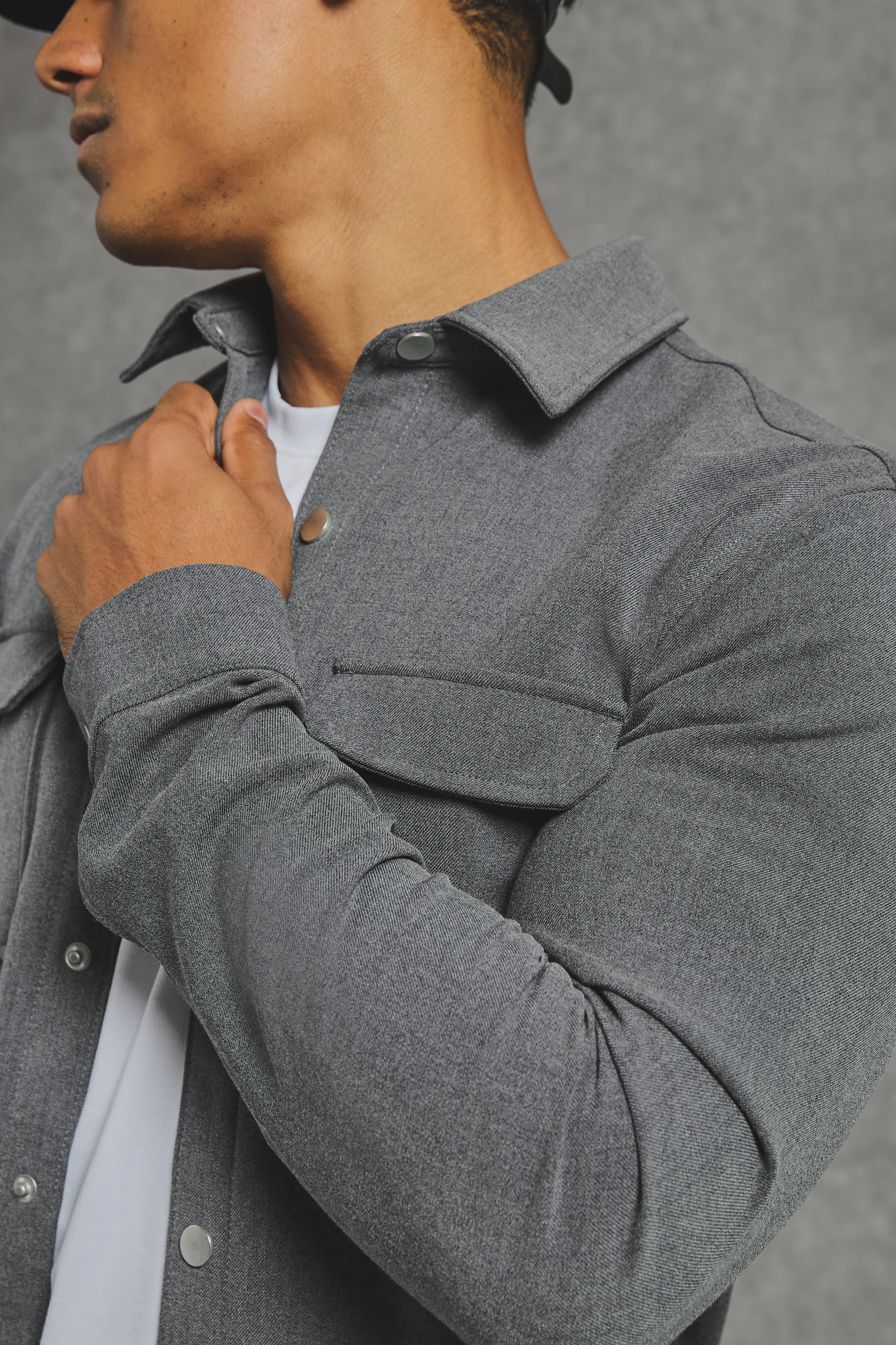 Woven Popper Overshirt in Grey Marl