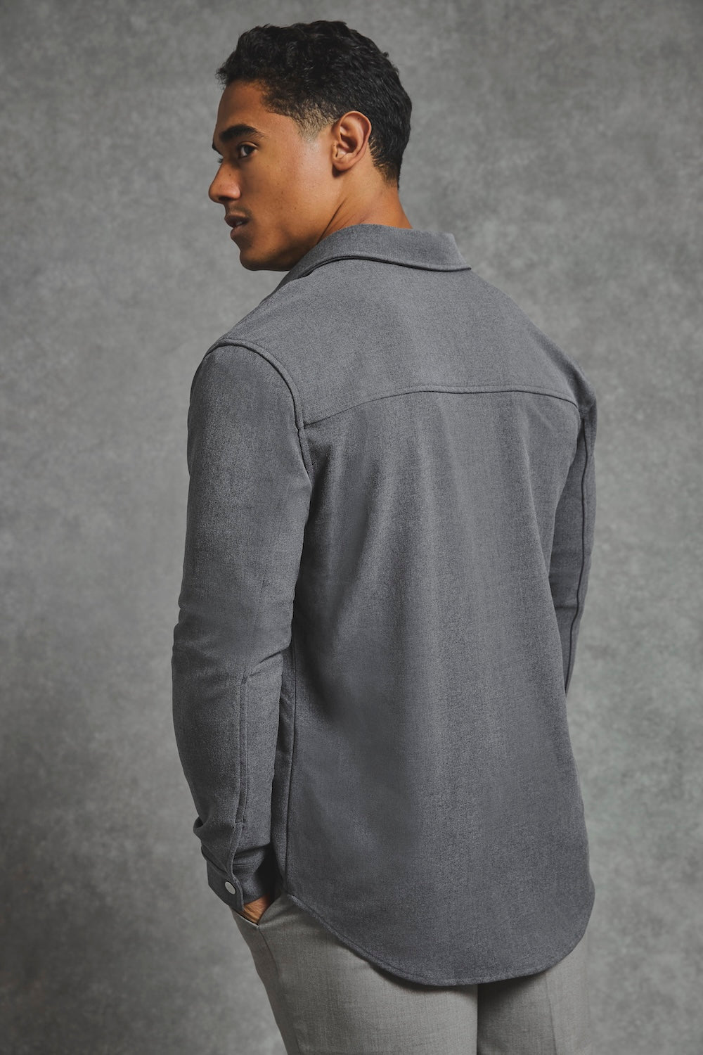 Woven Popper Overshirt in Grey Marl