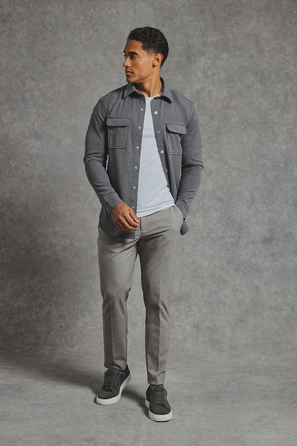 Woven Popper Overshirt in Grey Marl