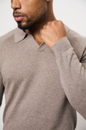 Pure Cotton Knitted Open Collar Polo Shirt in Brown Marl