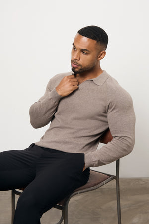 Pure Cotton Knitted Open Collar Polo Shirt in Brown Marl