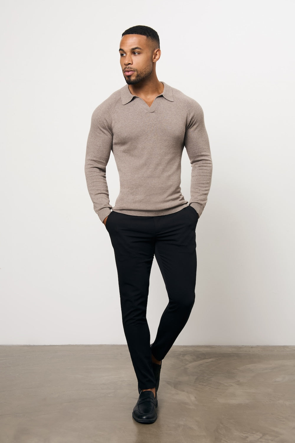 Pure Cotton Knitted Open Collar Polo Shirt in Brown Marl