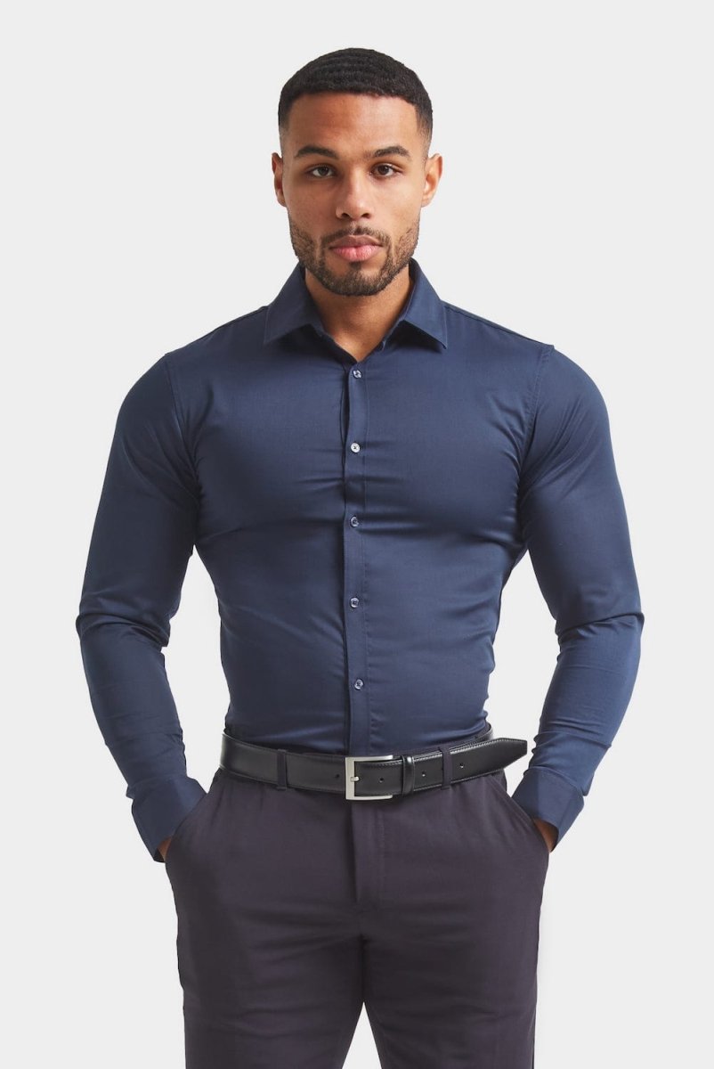 Muscle Fit Dress Shirt in Navy - TAILORED ATHLETE - ROW