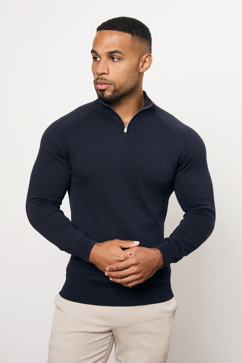 Pure Cotton Knitted Half Zip Neck Jumper in Navy