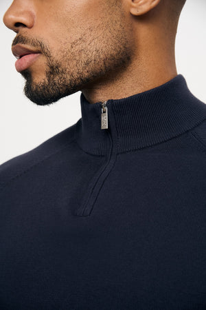 Pure Cotton Knitted Half Zip Neck Jumper in Navy