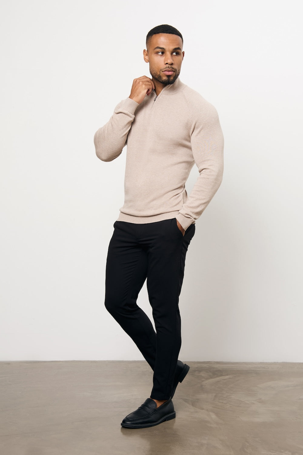 Pure Cotton Knitted Half Zip Neck Jumper in Neutral Marl