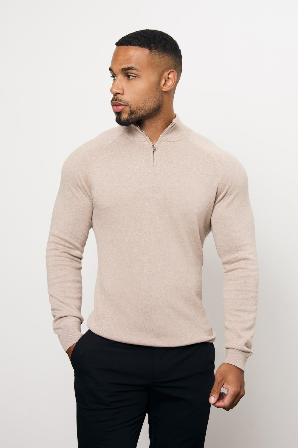Pure Cotton Knitted Half Zip Neck Jumper in Neutral Marl