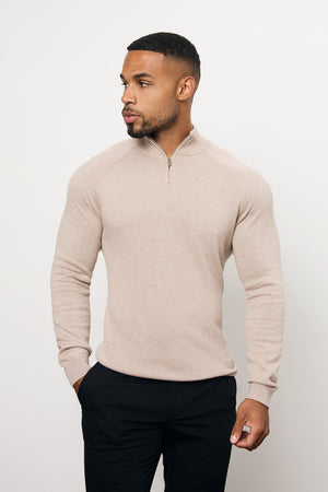 Pure Cotton Knitted Half Zip Neck Jumper in Neutral Marl
