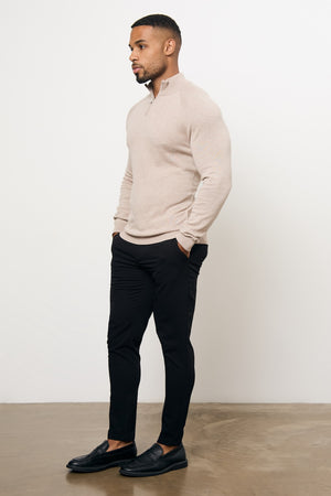Pure Cotton Knitted Half Zip Neck Jumper in Neutral Marl