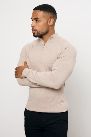 Pure Cotton Knitted Half Zip Neck Jumper in Neutral Marl