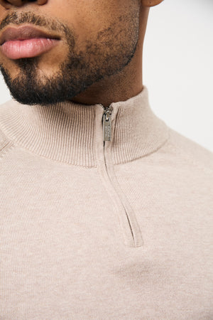 Pure Cotton Knitted Half Zip Neck Jumper in Neutral Marl