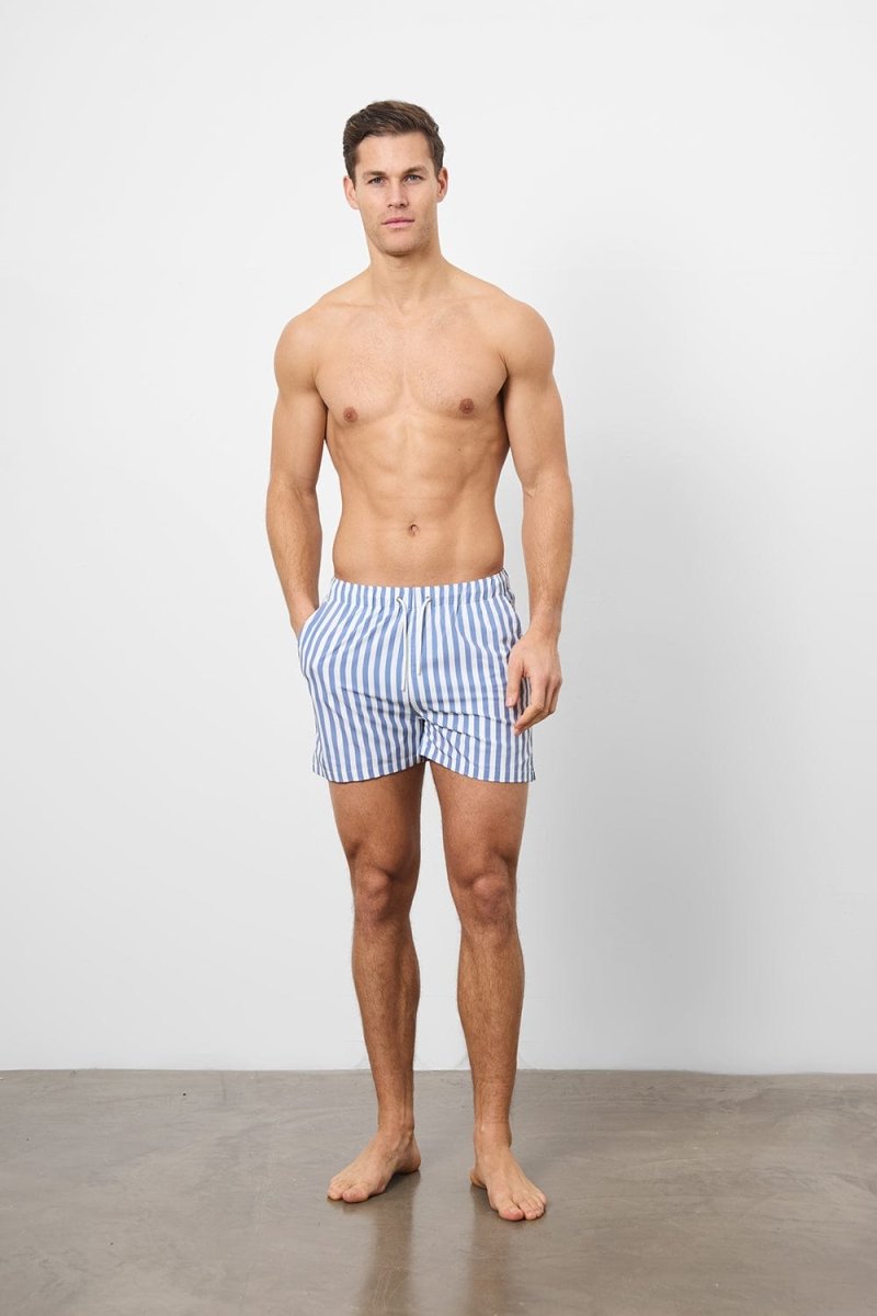 Printed Swim Short in White/Denim Blue Stripe - TAILORED ATHLETE - ROW